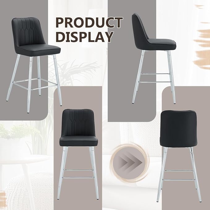 Bar Stools Set of 2,Counter Height Bar Stools with Back,Modern Faux Leather Kitchen Stools,27"Black Barstools with Stable Metal Leg,Armless Counter Height Chair for Kitchen Island,Coffee Corner