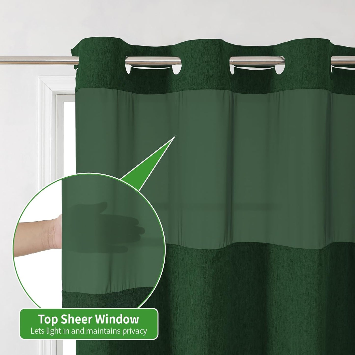 Extra Long No Hooks Needed Linen Textured Shower Curtain with Snap-in Fabric Liner Set,White Hotel Luxury Decor Shower Curtains for Bathroom,Waterproof & Washable,71Wx86H,Emerald Green