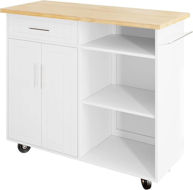 Shintenchi Kitchen Island Cart with Storage,Rolling Kitchen Island Side Table on Wheels with Large Worktop,Storage Cabinet,Towel Rack and Drawers for Kitchen,Dinning Room,White