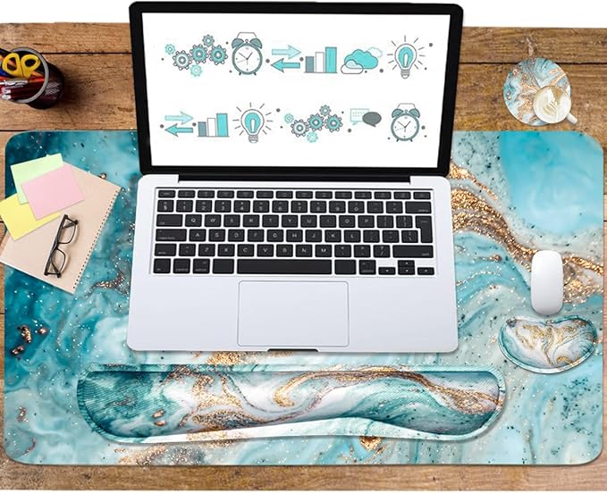 Keyboard Mouse Pad Set, Extended Mouse Pad+Keyboard Wrist Rest Support, Memory Foam Ergonomic Easy Typing, 3Pcs (35.4×15.7 in) Desk Pad Set for Home Office Study Game-Green Marble