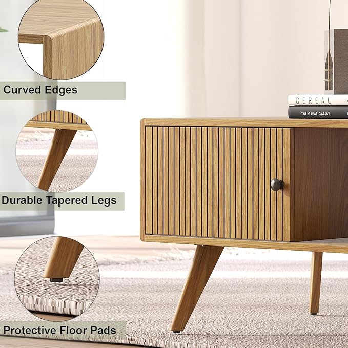 Mid Century Modern Coffee Table with Storage, Light Oak Wood Center Table with Cabinet & Open Shelf, Retro Cocktail Table for Living Room and Small Spaces