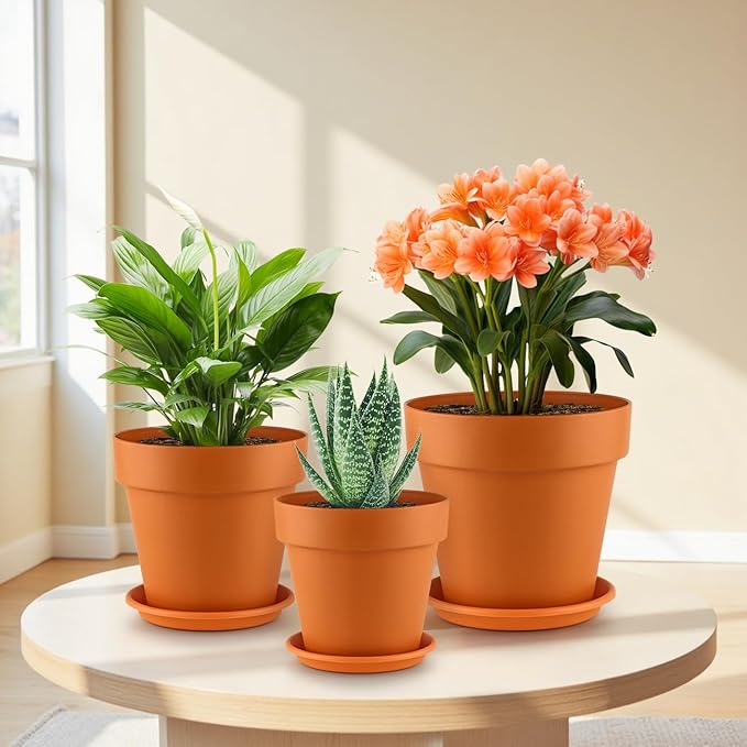 3-Pack 8/9/10 Inch Plastic Plant Pots with Saucers – Durable BPA-Free Planters with 21 Drainage Holes, Raised Bottom Breath and Bottom Watering Design for Indoor & Outdoor – Orange