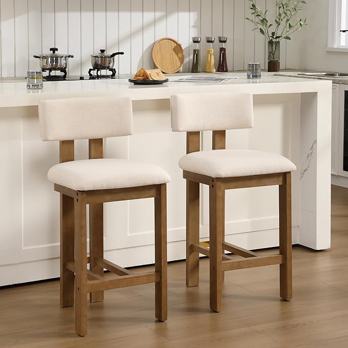 26” Counter Stools Set of 2 Counter Height Bar Stools with Back and Solid Wood Legs Modern Farmhouse Linen Upholstered Kitchen Bar Stools Countertop Chairs, Beige