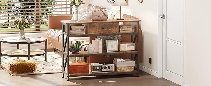 Mexin 39 Inch Console Sofa Table with Drawer, Entryway Table with Storage Shelves, Industrial Wood Hallway Table for Living Room Couch Foyer Kitchen Counter, Rustic Brown