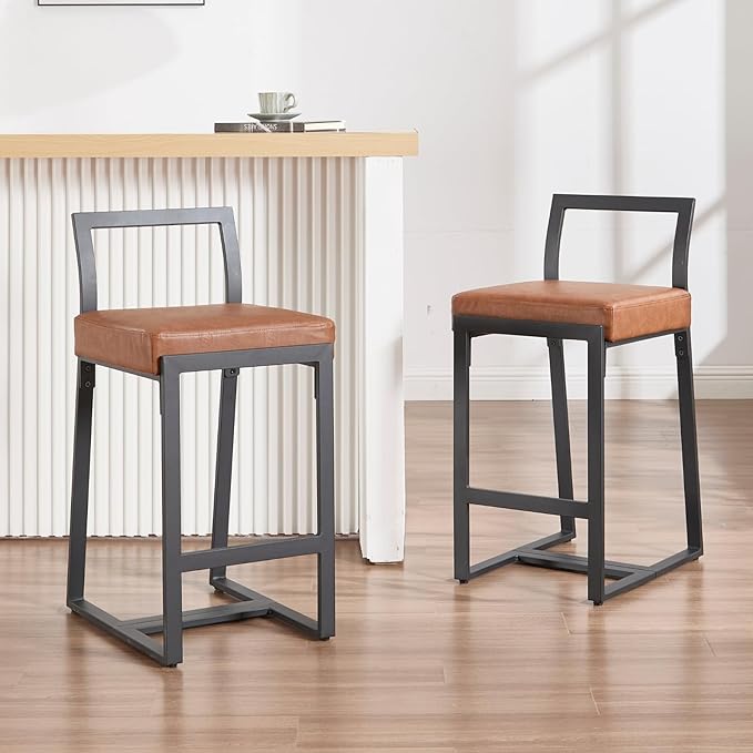 26’’ Modern Bar Stools Set of 2, Upholstered PU Leather Bar Chairs with Backrest Armless Counter Height Stools with Metal Frame for Kitchen Island Dining Room, Brown