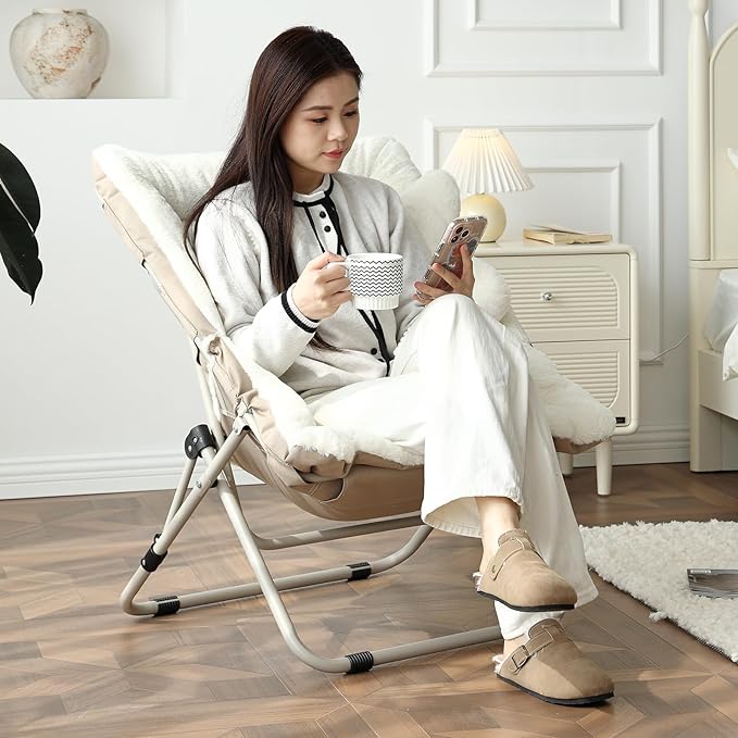 Welnow Comfy Saucer Chair, Oversized Folding Reading Chair for Adults with Throw Pillow Soft Faux Fur Lounge Chair for Bedroom Furry Accent Chair for Living Room, Dorm Rooms, Beige