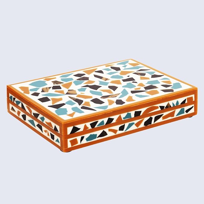 Handicrafts Home Handmade Mosaic Collection Decorative Jewelry Box Organizer – Keepsakes, Trinkets, and Home Decor – Antique Coffee Table Storage, Memory Box, Farmhouse Style Decor Gold, 8x6x1.5