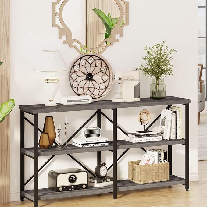 BON AUGURE 55 Inch Console Tables for Entryway, Industrial Sofa Tables for Living Room, 3 Tier Behind Couch Table, Foyer Table for Entry Way (Dark Grey Oak)
