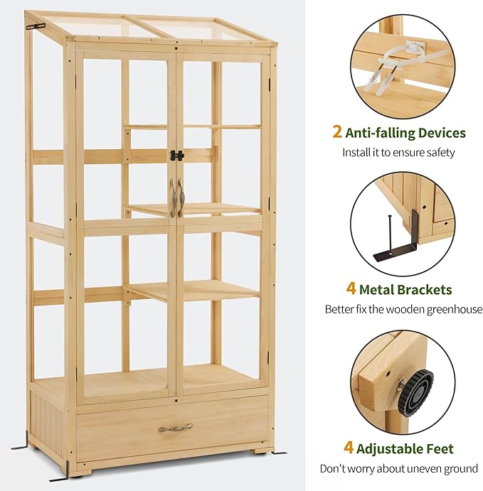 Macrout Cold Frame Greenhouse, Tall Wooden Greenhouse for Outdoor Indoor Use with Polycarbonate Panels, 3 Tier Garden Cold Frame with Drawer and Shelves, 0864 (Natural)