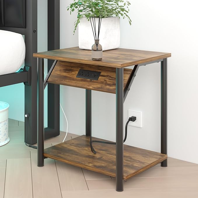 Night Stands Set of 2, Small End Tables with Charging Station, Small Side Tables for Living Room, Bedside Tables with 2-Tier Storage Shelf, Nightstand with Outlets and USB Ports, Rustic Brown/Black