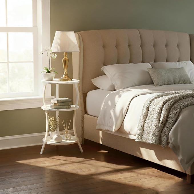 Vintage Small Round Side Table, 3-Tier Slim Waist Circular End Table with Storage Shelf, Compact Tea Sofa Table, Round Corner Coffee Table Nightstand for Living Room Bedroom Small Spaces,White