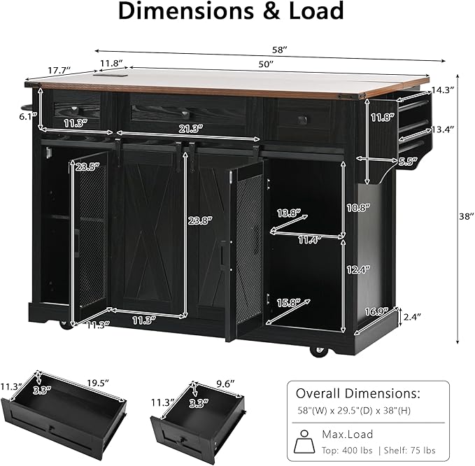 Merax Farmhouse Rolling Kitchen Island on Wheels with Drop Leaf Table & Power Outlet, Wood Kitchen Cart on Wheels with Spice Rack, Glass Holders, 3 Drawers & Cabinet, 58" Wide Black