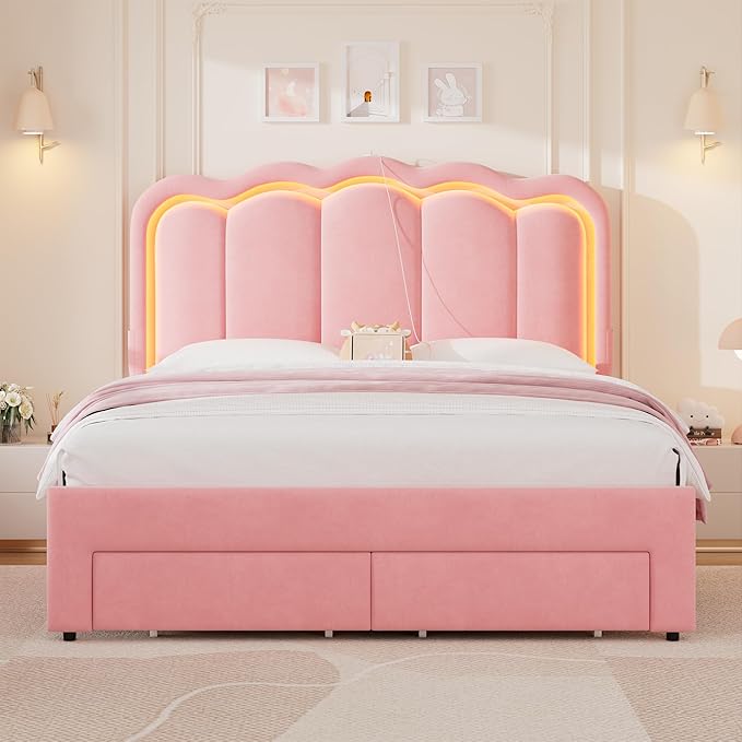 Queen Upholstered LED Bed Frame with 2 Storage Drawers and Adjustable Chic Double Wavy Headboard, Velvet Princess Platform Bed with Charing Station, Solid Wood Slats Support,No Box Spring Needed, Pink