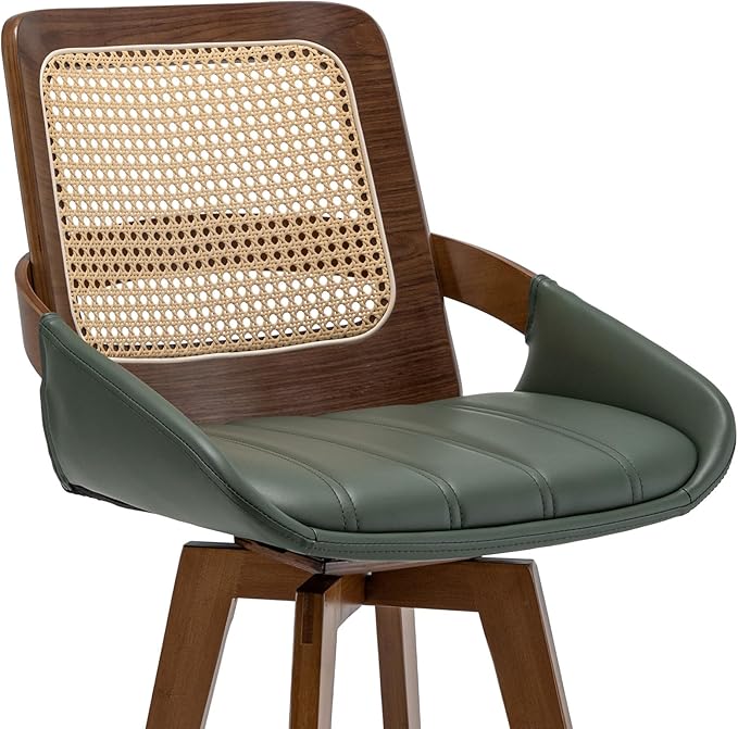 Bar Height Bar Stools Set of 2 - 29.5 inch Mid Century Modern Bar Stools with Cane Back, Curved Arms, Faux Leather Upholstered Seat, Rattan BarStools for Island/Pub/Kitchen (30" Seat Height, Green)