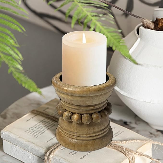 Farmhouse Rustic Wood Pillar Candle Holder for Pillar Candles, Decorative Beaded Candlestick Holder Stand for Home Décor, Gifts, Wedding (Natural)