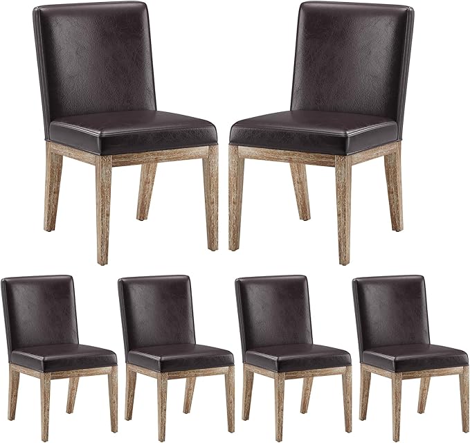 Wooden Dining Chairs Set of 6, Modern Leather Upholstered Dining Room Chair, Kitchen Side Chairs, Farmhouse Dinner Chair with High Back for Kitchen, Brown