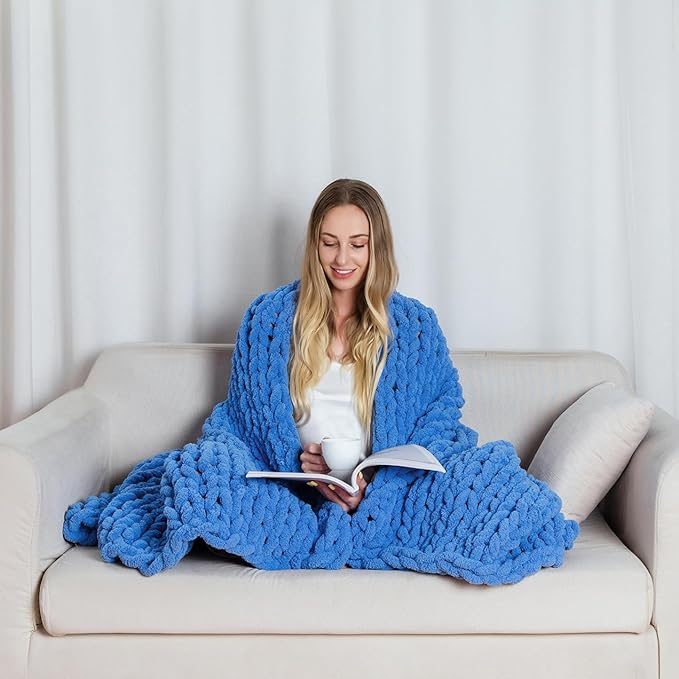 clootess Chunky Knit Blanket Chenille Throw - Warm Soft Cozy for Sofa Bed Boho Home Decor (Blue 40x60 in)