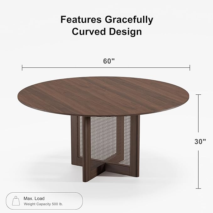 Casaphoria 60" Round Dining Table, Modern Kitchen Table for 8, Scratch-Resistant Top & Rattan Base, Farmhouse Dinner Table for Living Room, Kitchen, Bar, Easy Assembly, Walnut