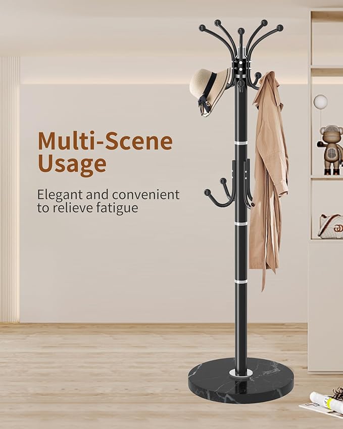 Metal Coat Rack Stand with Natural Marble Base, Modern Coat Rack Freestanding, 360°Rotary Coat Racks with 14 Hooks, Black Coat Stand Hall Tree Hanger Stand for Entryway, Office,Corner