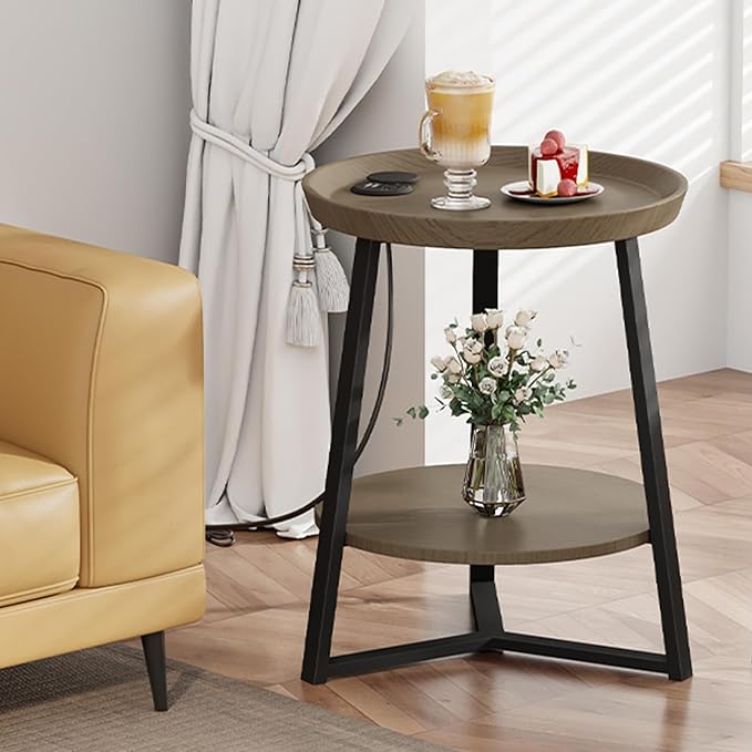Gadroad Round End Table with Charging Station, USB Ports, Wood Tabletop & Black Metal Frame, 2-Tier Side Table for Living Room, Bedroom, Walnut Color 15.7 * 15.7 * 23.0inches