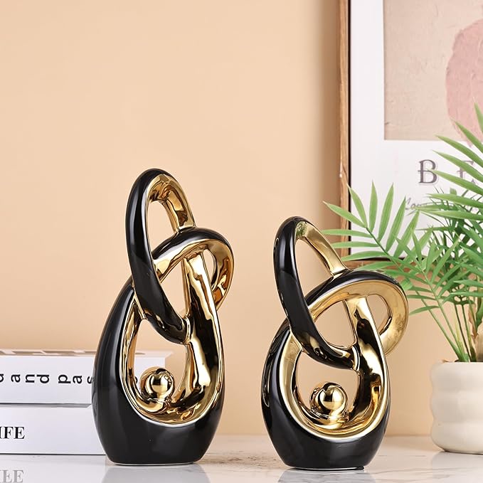 Black Gold Modern Abstract Art Home Decor Accent,Statues Coffee Table Decor for Living Room,Table Centerpieces for Dining Room,Ceramic Sculptures and Gold Knick Knacks for TV Stand Decor (Black Gold)
