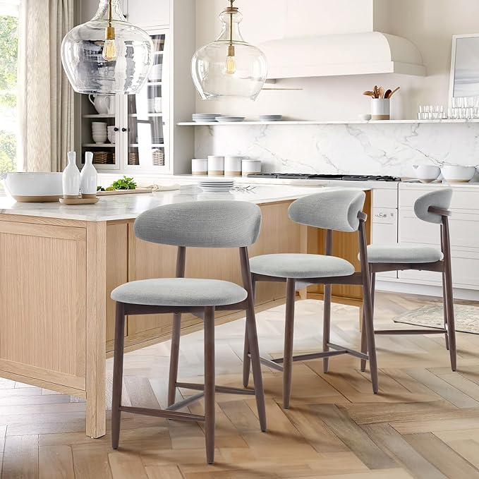 Upholstered Counter Height Bar Stools Set of 3, Kitchen Island Stools with Back, Modern Counter Stools Island Bar Chairs with Wood Legs for Kitchen Island Dining Room Bar, Light Grey