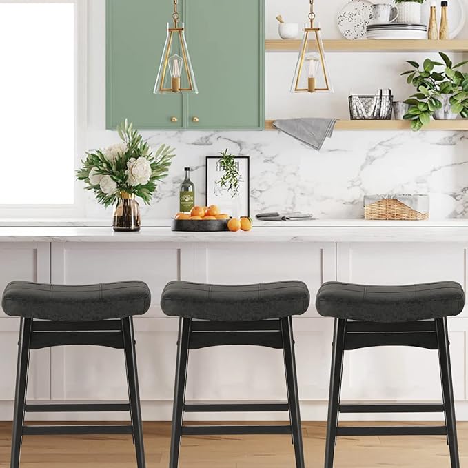PHI VILLA Counter Height Bar Stools Set of 3 - Farmhouse Barstools with Upholstered Saddle Seat and Solid Wood Legs, Kitchen Counter Island Stools