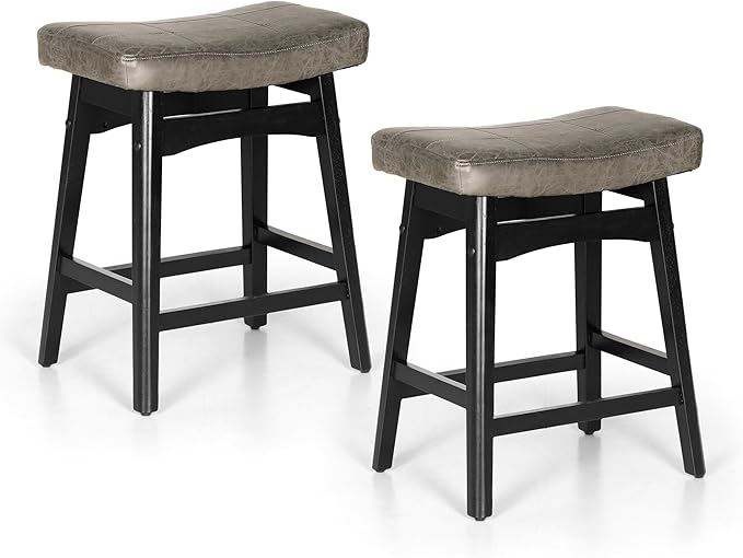 PHI VILLA Counter Height Bar Stools Set of 2 - Farmhouse Barstools with Upholstered Saddle Seat and Solid Wood Legs, Kitchen Counter Island Stools