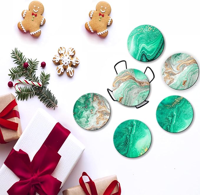 Dooke Coasters for Drinks,Round Absorbent Ceramic Stone Coasters Set of 6 with Cork Base,Funny Drink Coasters with Holder for Cold Drinks Wine Cups Tabletop Protection,4 Inches,Turquoise Green Marble