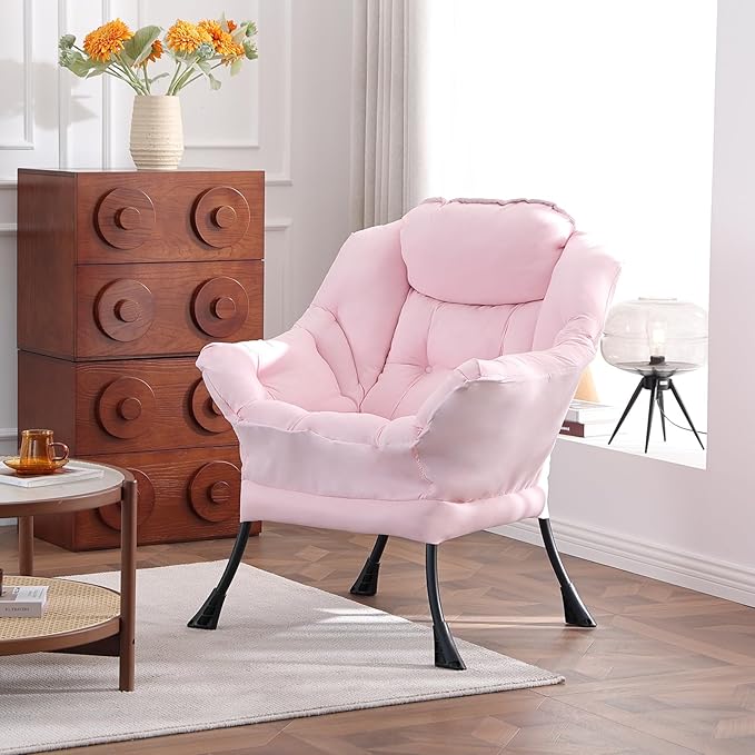 Welnow Lazy Chair for Living Room, Modern Reading Lounge Accent Chair with Armrests and a Side Pocket, Leisure Upholstered Lazy Sofa for Small Space, Bedroom, Dorm, Pink