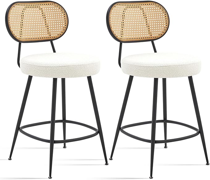 26" Rattan Barstools Set of 2, Counter Height Bar Chair with Black Metal Legs, Modern Armless Sherpa Pub Chair, Adjustable Feetpads Stools for Home Counter, Kitchen Dining Island, Cafe(Beige)