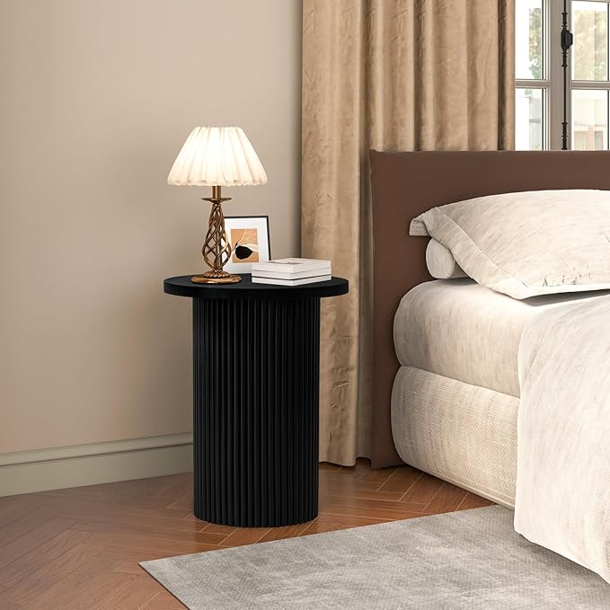 Modern Side Table, 16.93" Fluted Round Pedestal Table for Living Room, Bedroom, Entryway, Sofa, Chair – Black Accent Table with Solid Wood Strips End Table, Fully Assembled Drum Table
