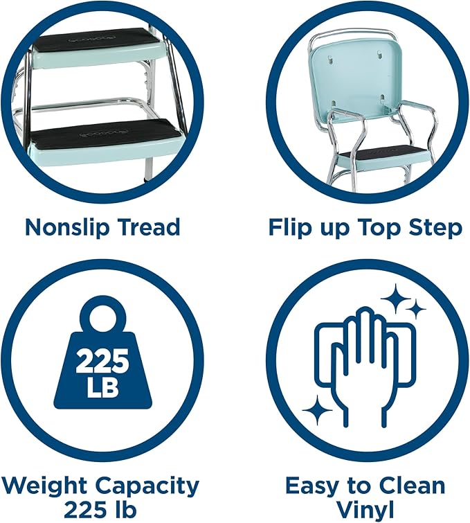 COSCO Stylaire Retro Chair + Step Stool with Flip-Up Seat, Teal