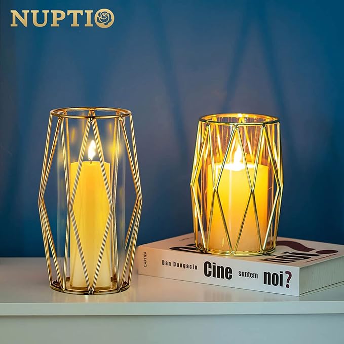 Nuptio Candle Holders for Pillar Candles - Geometric Candleholders Gold Flower Vase with Hurricane Cylinder Glass Dual Uses for Wedding Birthday Party Table Living Room Centerpieces
