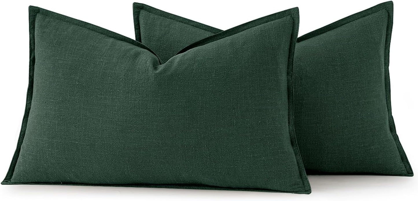 MIULEE Decorative Linen Lumbar Pillow Covers 12x20 Inch Dark Green Boho Farmhouse Neutral Couch Throw Pillows for Bed Pack of 2 Accent Modern Pillowcase Sofa Livingroom Home Decor