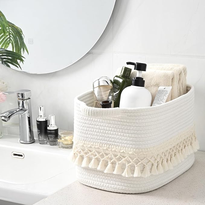 3 Pack Storage Basket for Shelves, Boho Cotton Rope Storage Bins with Heavy Tassel, Shelf Baskets Large Woven Baskets for Organizing, Cube Organizer Bins, Baby Laundry Basket for Clothes, Toys, Pets