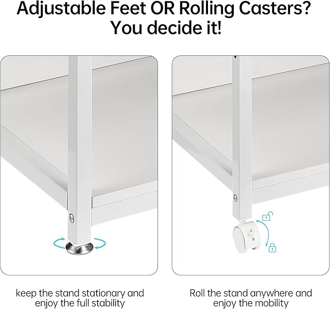 4 Tier White Printer Stand Table with Adjustable Shelves, Movable Printer Shredder Stand with Wheels for Home Office Storage and Organization, Rolling Cart for Computer Tower CPU
