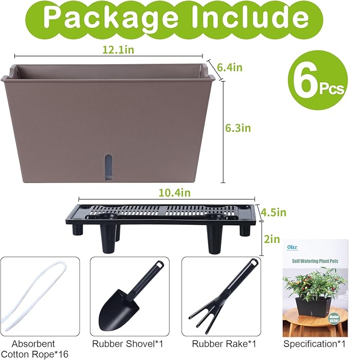 Window Box Planter 6 Pcs, 12.6 Inches Self Watering Rectangle Flower Plant Pots with Drainage Holes & Breathable Trays, Vegetable Planters for Windowsill Patio Garden Balcony Porch Yard (Khaki)