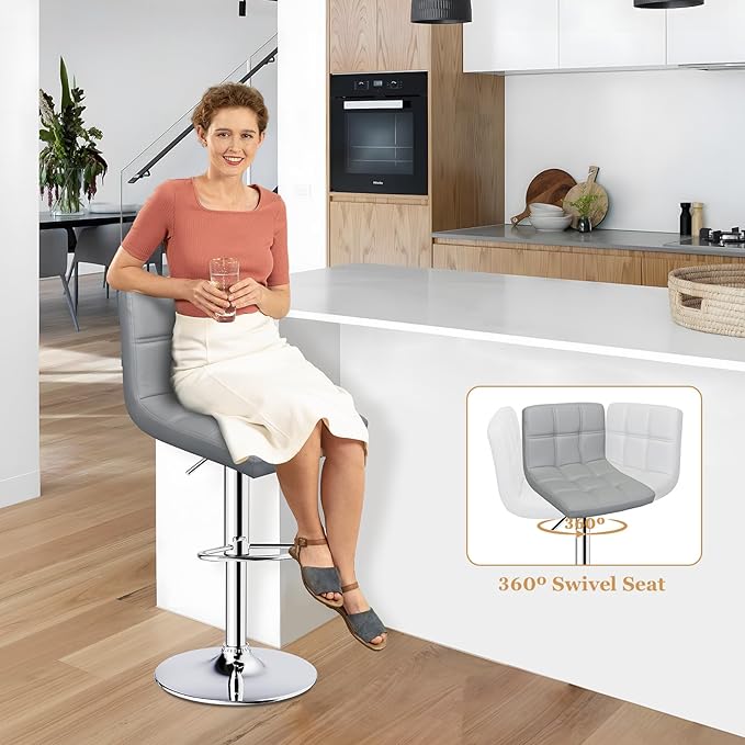 Bar Stools Set of 2,Armless Adjustable Swivel Barstools with Back,6-Squares Double Needle PU Leather Counter Height Bar Stools for Kitchen Island,Light Gray