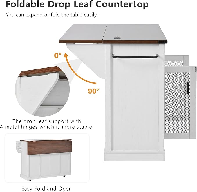 Merax Farmhouse 58 inch Kitchen Island on 5 Wheels with Drop Leaf Table, Power Outlet & Glass Holders, Wood Kitchen Rolling Cart with Spice Rack & Sliding Barn Door, 3 Drawers & Cabinet, White
