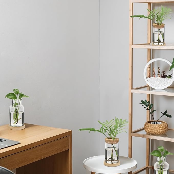 Layhit 4 Pcs Plants Propagation Stations vases Glass Planters with Wooden Lid and Bamboo Stand for Hydroponic Plants Gardening Gifts for Women Mom Home Office Tabletop Decoration(Wide Mouth Style)