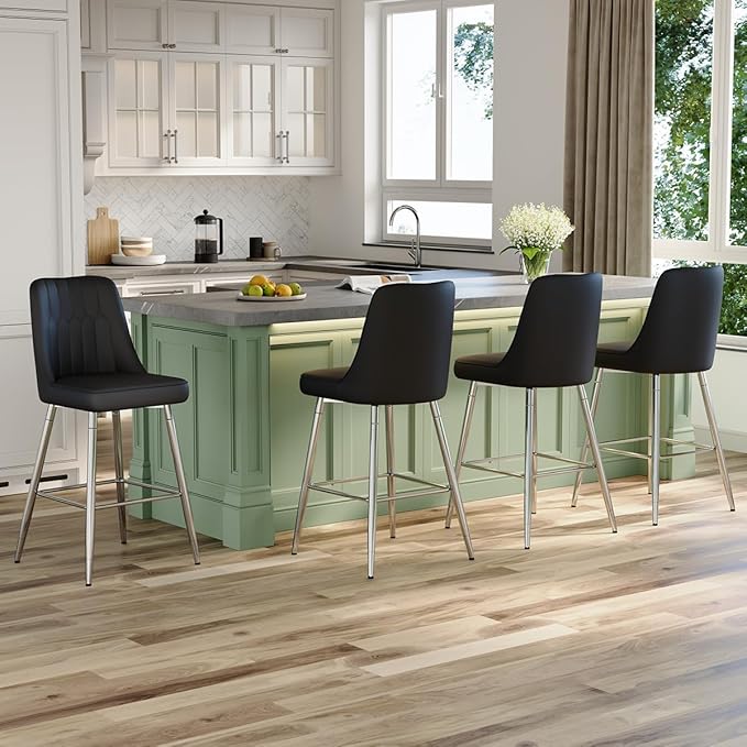 27" Bar Stools Set of 4 - Black Counter Height Bar Stools Set of 4,Faux Leather Kitchen Island Stools with Sturdy Chrome Metal Leg,Counter Height Stools with Backs,Easy to Assemble