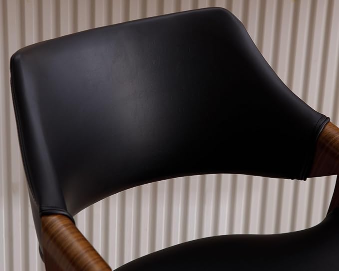 26’’ Modern Barrel Swivel Counter Stools Counter Height Swivel Bar Stools with Backs Set of 2 Black Faux Leather Upholstered Bar Height Island Chairs, Farmhouse Walnut Wood Barstool for Kitchen Island