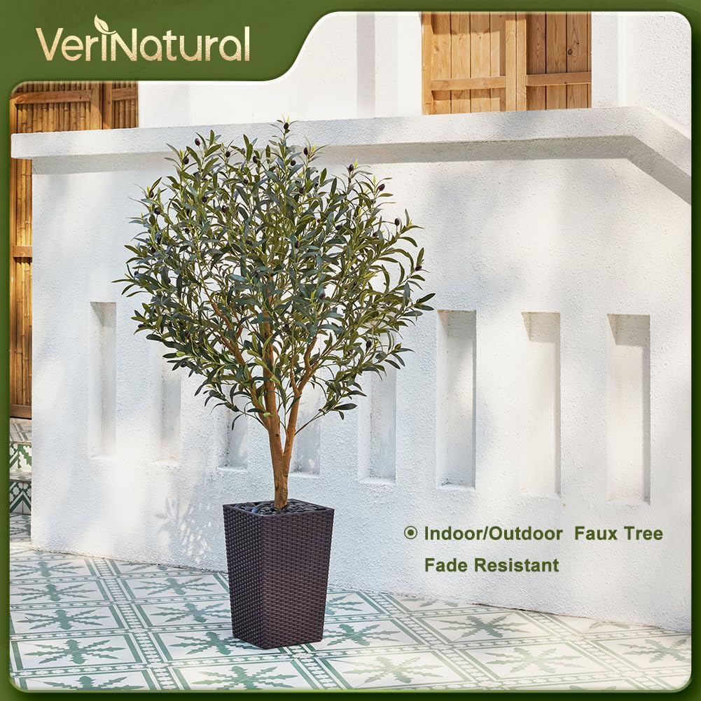 Artificial Olive Tree 5FT, Faux Olive Trees with Real Wood Trunk, UV Resistant Fake Plants in Planter & River Rocks, Indoor Tall Silk Plant for Home Living Room Office Outdoor Decor, VN133