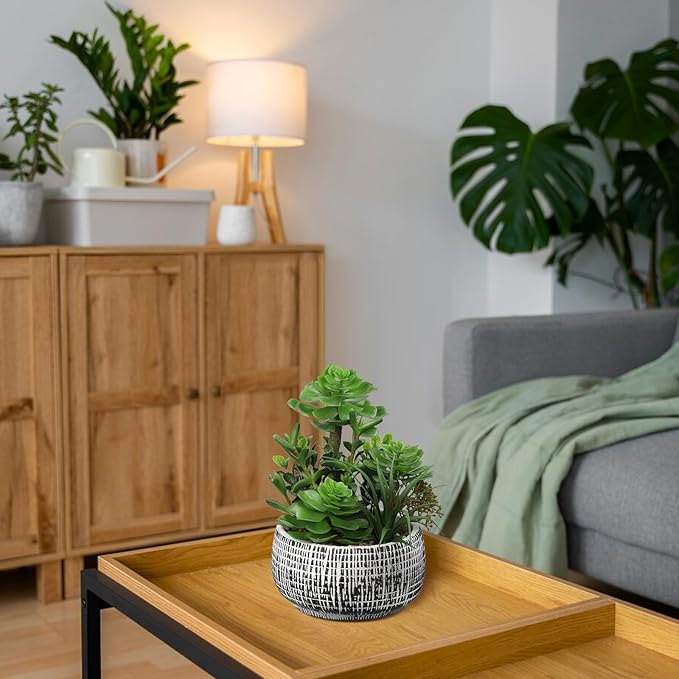 10” Large Succulents Plants Artificial in Ceramic Pots Potted Faux Succulent Arrangement with Black Bowl Pots Fake Desk Succulents Plants for Home Bathroom Shelf Table Indoor Decor