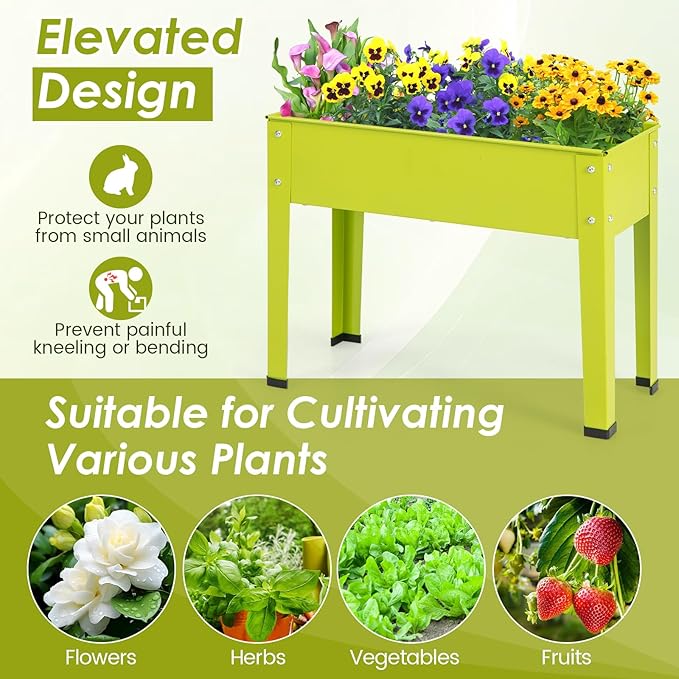 HAPPYGRILL Raised Garden Bed, 18” Elevated Planter Box w/Legs, Drainage Hole, Hemming Design, Metal Garden Box for Vegetable Herb, Outdoor Raised Beds for Gardening, Backyard Porch Balcony, Green