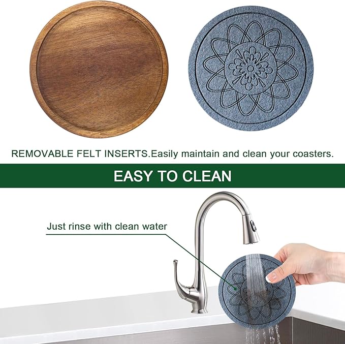 Wood Coasters for Drinks, Absorbent Coaster Sets of 5, Drinks Coasters for Coffee Tabletop Protection, Non-Slip, Non-Stick, Suitable for Kinds of Cups Wooden Table Hot or Cold Drink, 4.3 Inches