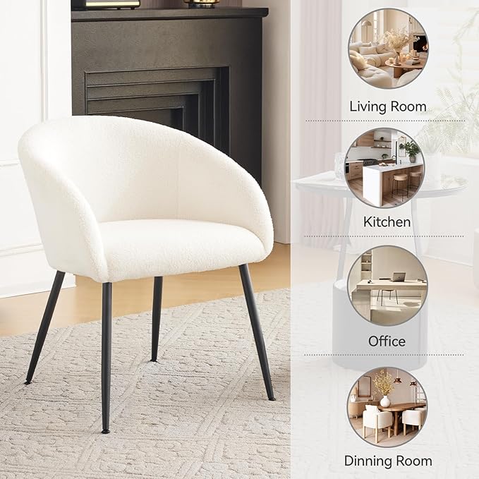 Modern Small Accent Chair Set of 2, Comfy Sherpa Makeup Vanity Chair with Metal Legs, Decorative Chair no Wheels for Living Room, Dressing Room, Bedroom, White