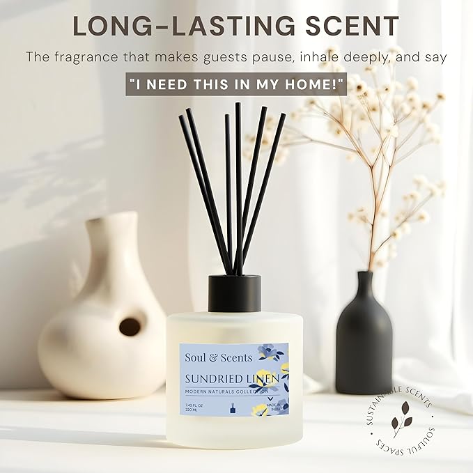 Soul & Scents Reed Diffuser Set – Sundried Linen | 7.43 oz Refillable Scented Oil with 6 Fiber Sticks | Long-Lasting Home Fragrance & Air Freshener for Bedroom, Bathroom, Office | Gift & Décor Piece
