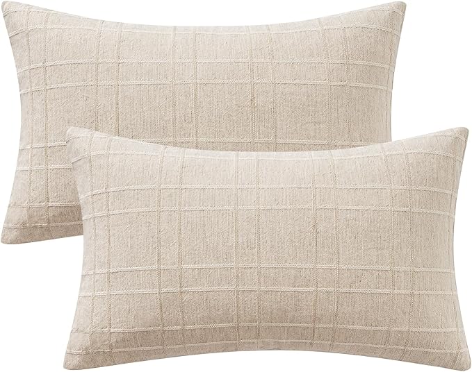 MIULEE Decorative Linen Check Lumar Throw Pillow Covers Neutral Farmhouse Vintage Christmas Pillow Covers 12x20 Set of 2 Boho Modern Home Decor for Sofa Couch Bedroom Cushion Natural Beige